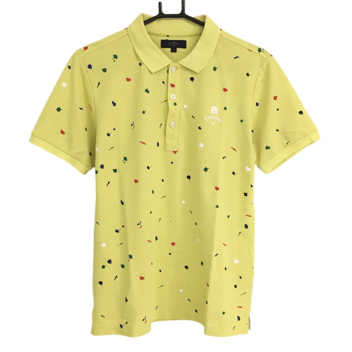 【美品】キャロウェイ 半袖ポロシャツ イエロー×マルチ ペイント柄 メンズ L ゴルフウェア Callaway