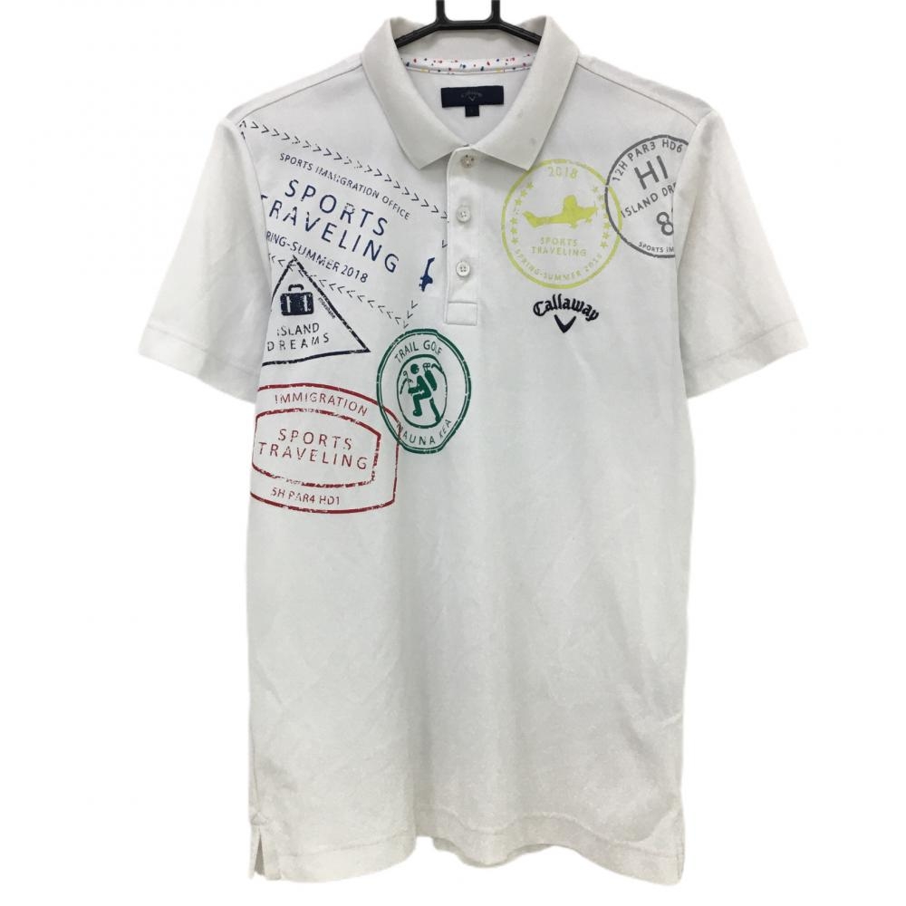 キャロウェイ 半袖ポロシャツ 白×マルチカラー ビッグプリント ロゴ刺しゅう メンズ L ゴルフウェア Callaway