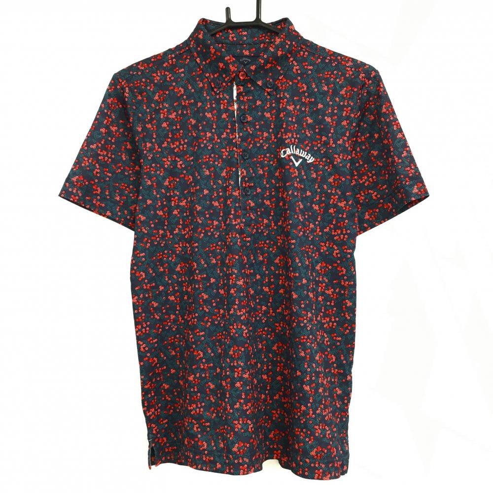【超美品】キャロウェイ 半袖ポロシャツ ネイビー×レッド 総柄 実 ボタンダウン  メンズ M ゴルフウェア Callaway