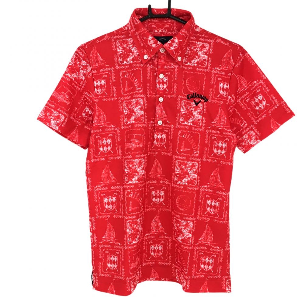 【超美品】キャロウェイ 半袖ポロシャツ レッド×白 総柄 ボタンダウン  メンズ M ゴルフウェア Callaway