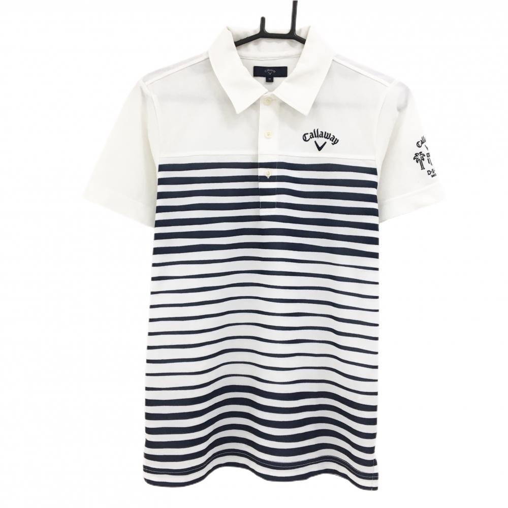 キャロウェイ 半袖ポロシャツ 白×ネイビー 下方ボーダー 胸・袖刺しゅう  メンズ M ゴルフウェア Callaway