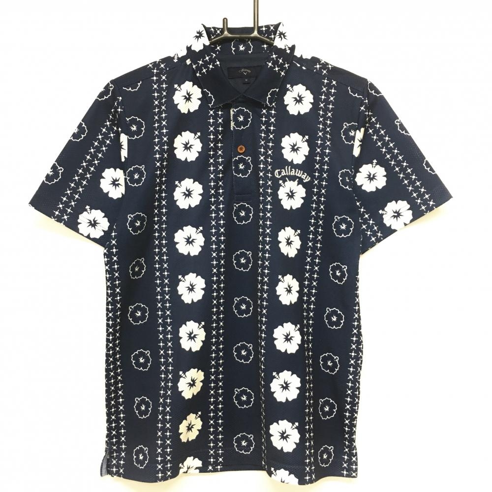 【超美品】キャロウェイ 半袖ポロシャツ ネイビー×白 ハイビスカス柄 メッシュ地 ロゴ刺しゅう  メンズ M ゴルフウェア Callaway