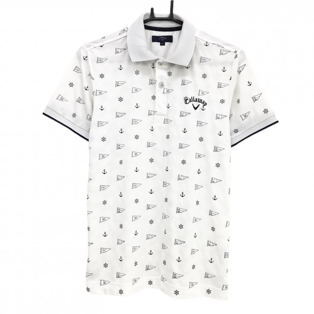 【美品】キャロウェイ 半袖ポロシャツ 白×ネイビー フラッグ柄 イカリ柄 ボーダー織生地 メンズ M ゴルフウェア Callaway