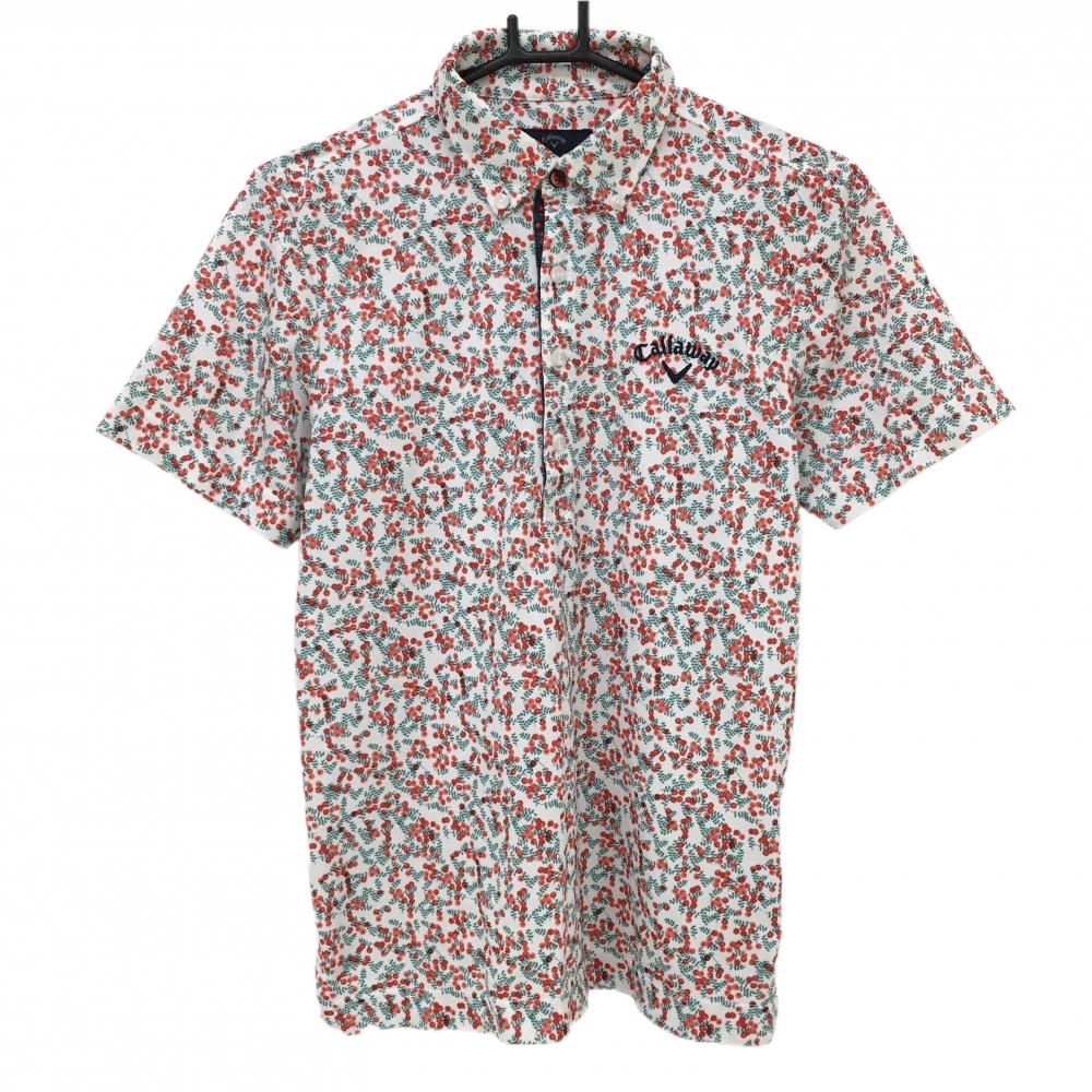 【美品】キャロウェイ 半袖ポロシャツ 白×レッド リーフ柄 木の実 メンズ M ゴルフウェア Callaway