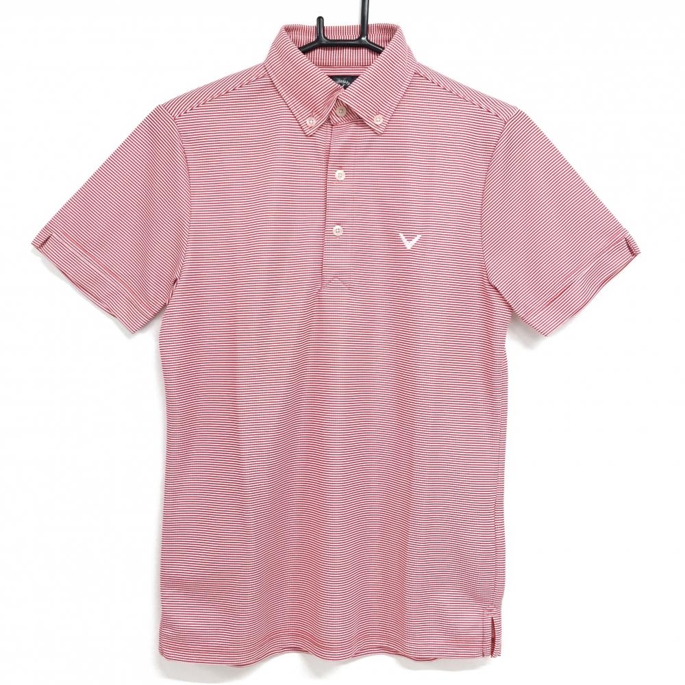 【美品】キャロウェイ 半袖ポロシャツ レッド×白 ボーダー ボタンダウン  メンズ M ゴルフウェア Callaway