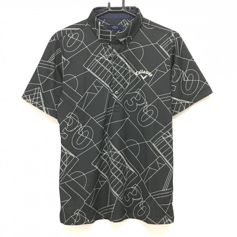 【超美品】キャロウェイ 半袖ポロシャツ 黒×白 総柄 ボタンダウン  メンズ L ゴルフウェア Callaway