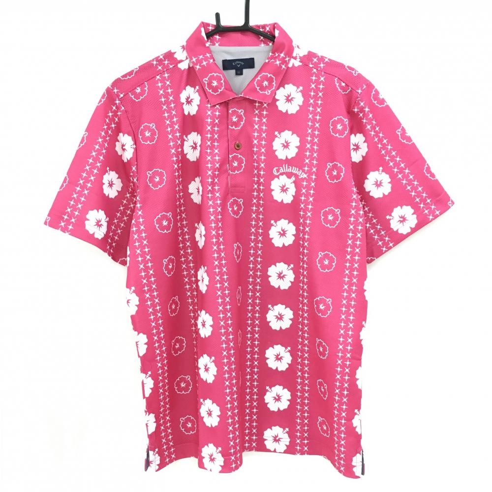 【美品】キャロウェイ 半袖ポロシャツ ピンク×白 ハイビスカス柄 メッシュ調 メンズ LL ゴルフウェア Callaway