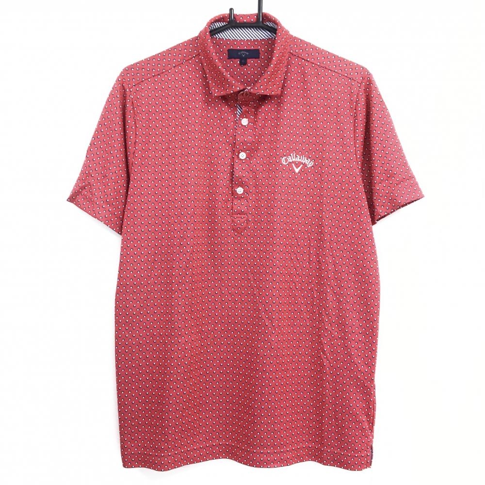 【超美品】キャロウェイ 半袖ポロシャツ レッド×白 総柄 ロゴ刺しゅう メンズ LL ゴルフウェア Callaway