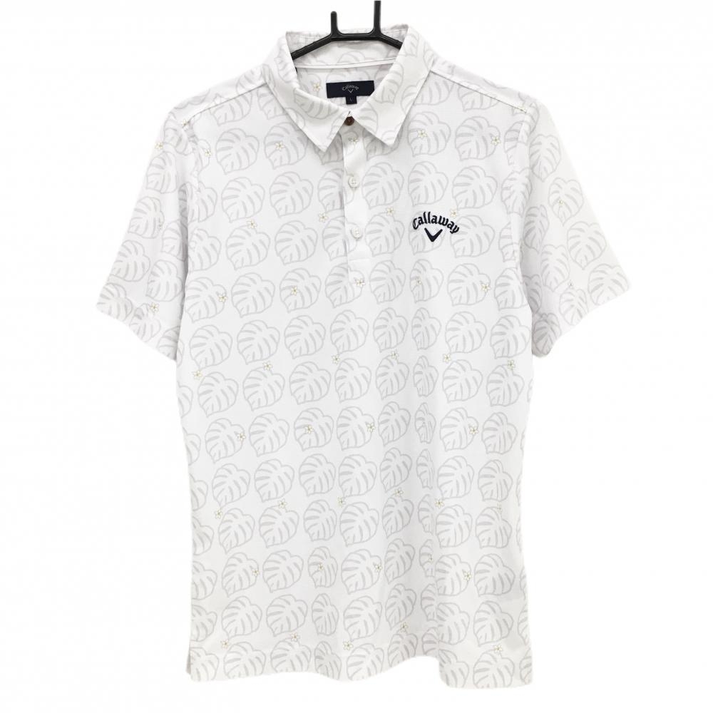 【美品】キャロウェイ 半袖ポロシャツ 白×グレー リーフ柄 小花柄 メンズ L ゴルフウェア Callaway