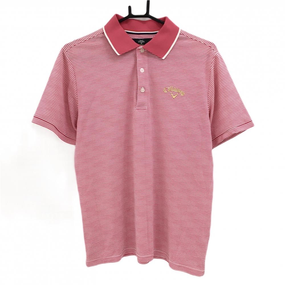 【美品】キャロウェイ 半袖ポロシャツ ピンク×白 ボーダー ロゴ刺しゅう メンズ L ゴルフウェア Callaway