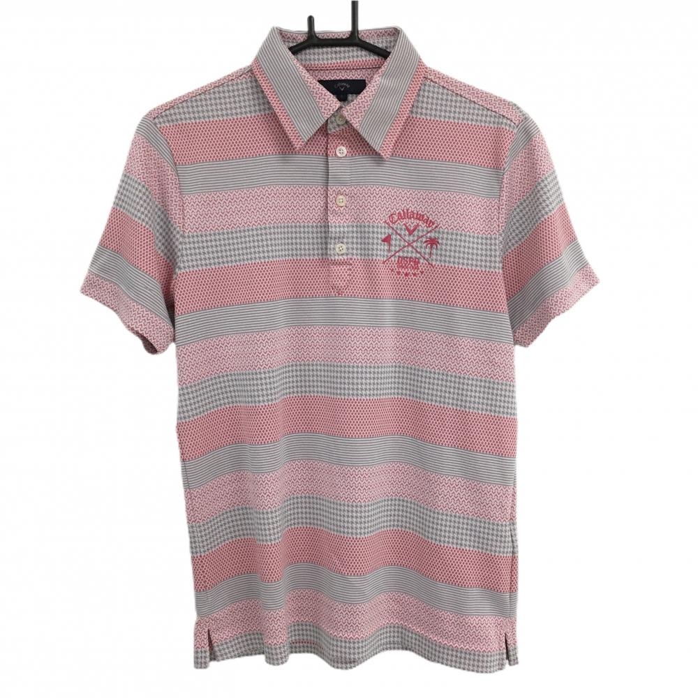 【美品】キャロウェイ 半袖ポロシャツ 白×ピンク×グレー 総柄 ボーダー 胸ロゴ刺しゅう メンズ L ゴルフウェア Callaway