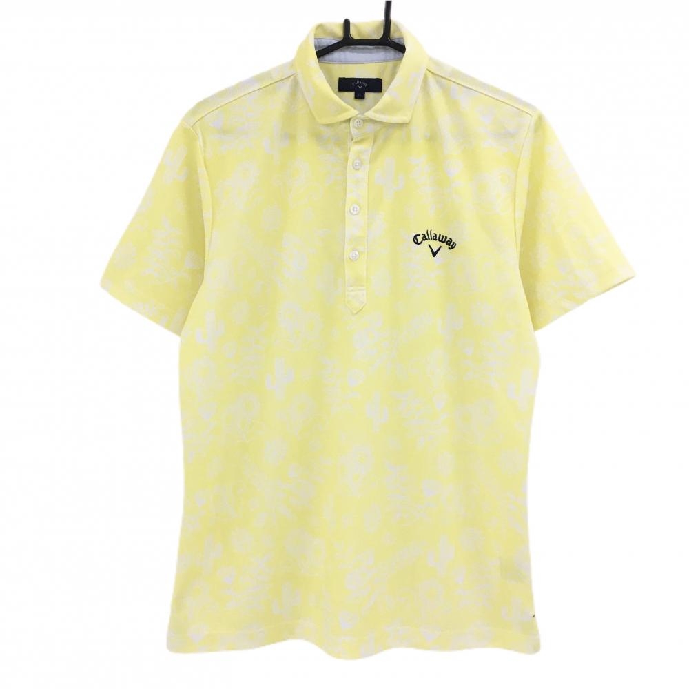 【美品】キャロウェイ 半袖ポロシャツ イエロー×白 花柄 サボテン ロゴ刺しゅう  メンズ LL ゴルフウェア Callaway