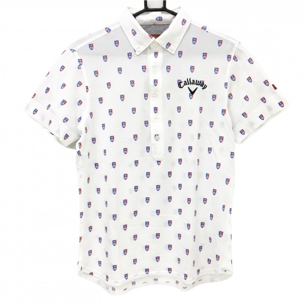 キャロウェイ レッドレーベル 半袖ポロシャツ 白×ブルー×レッド 総柄 ボタンダウン メンズ M ゴルフウェア Callaway