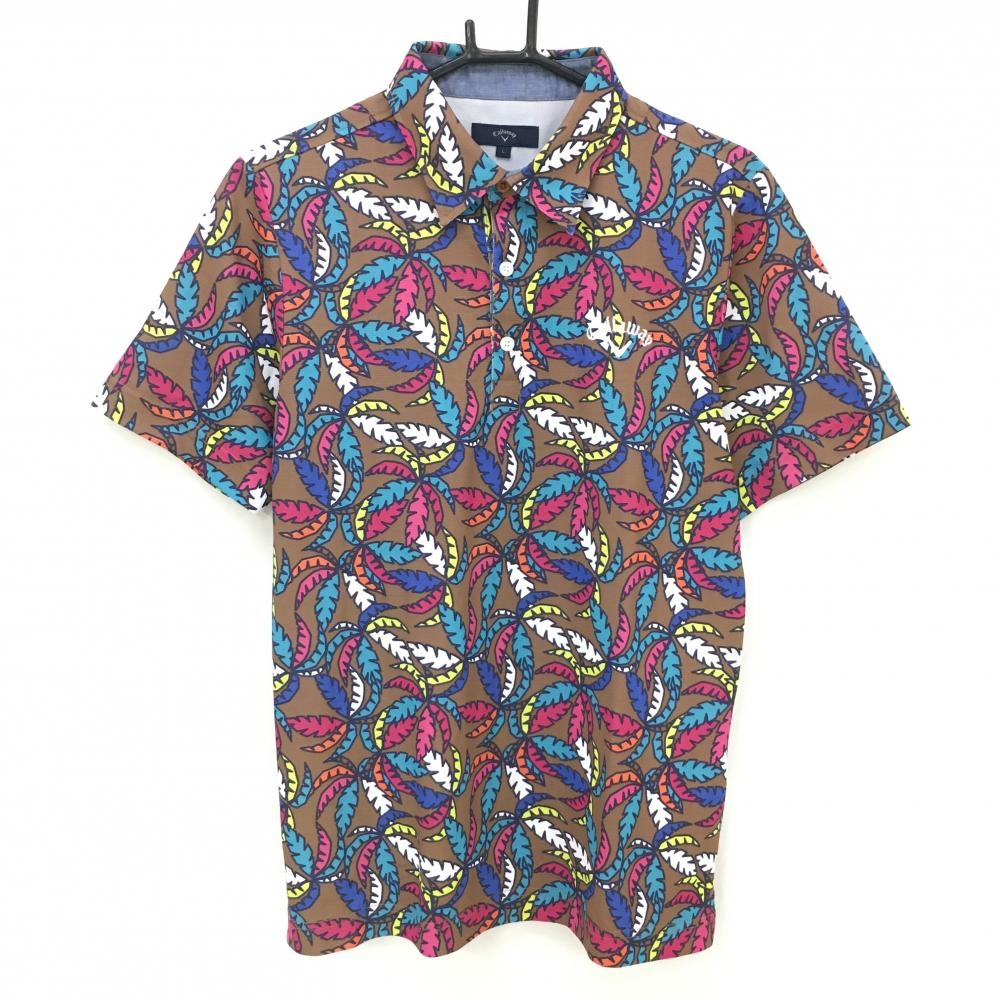 【超美品】キャロウェイ 半袖ポロシャツ ブラウン×マルチカラー ヤシの木風総柄 メンズ L ゴルフウェア Callaway