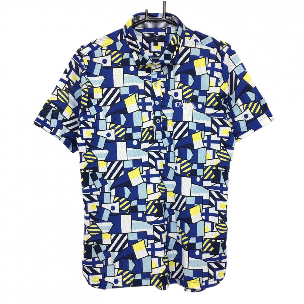 【美品】キャロウェイ 半袖ポロシャツ 白×ブルー×イエロー 総柄 旗  メンズ L ゴルフウェア Callaway