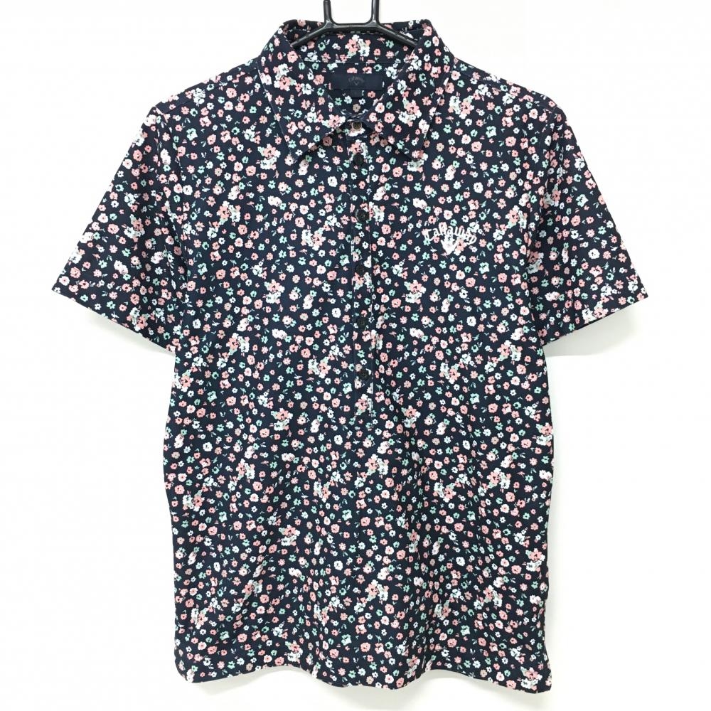 【美品】キャロウェイ 半袖ポロシャツ ネイビー×ピンク×グリーン 小花柄  メンズ L ゴルフウェア Callaway