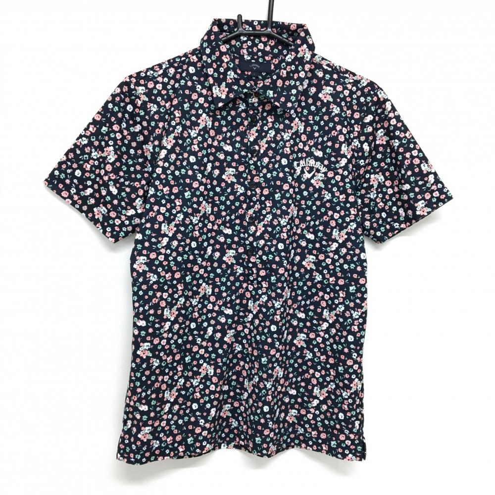 【美品】キャロウェイ 半袖ポロシャツ ダークネイビー×ピンク×ミントグリーン 小花柄 メンズ L ゴルフウェア Callaway