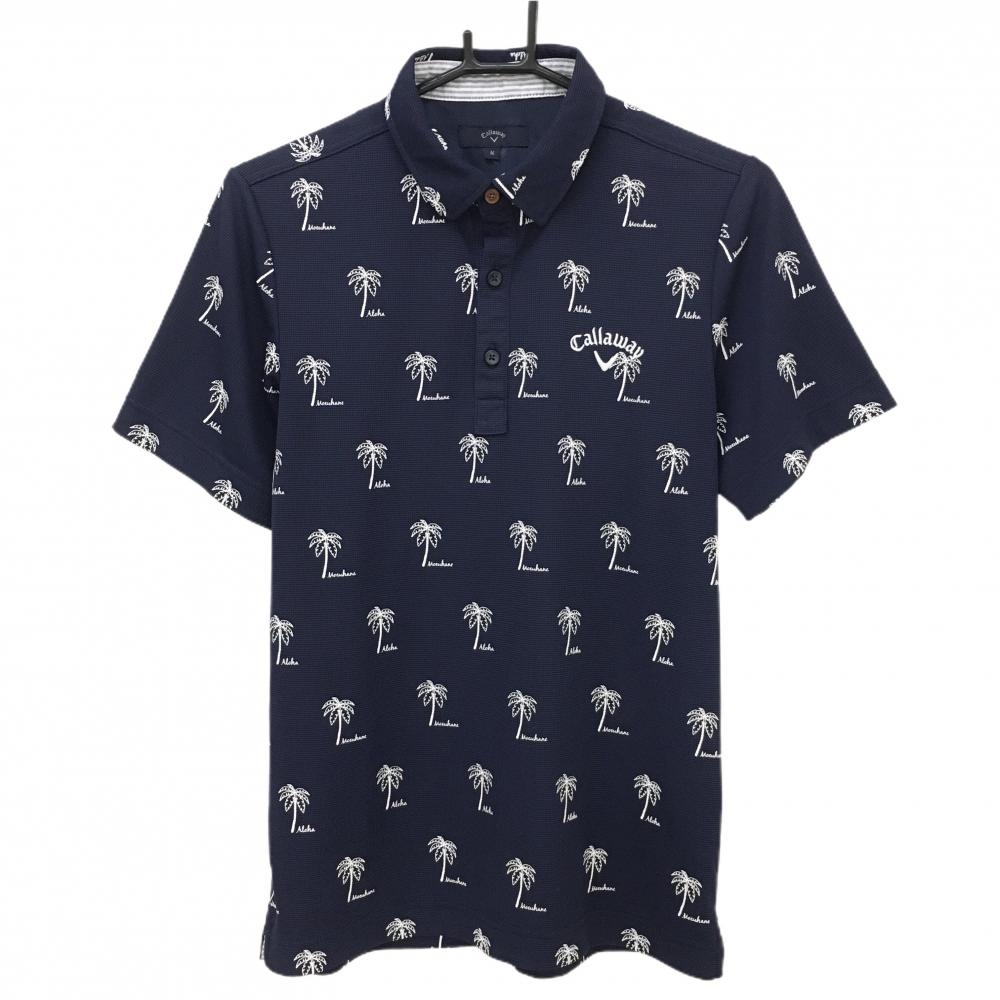 【美品】キャロウェイ 半袖ポロシャツ ネイビー×白 ヤシの木総柄 襟裏ボーダー メンズ M ゴルフウェア Callaway
