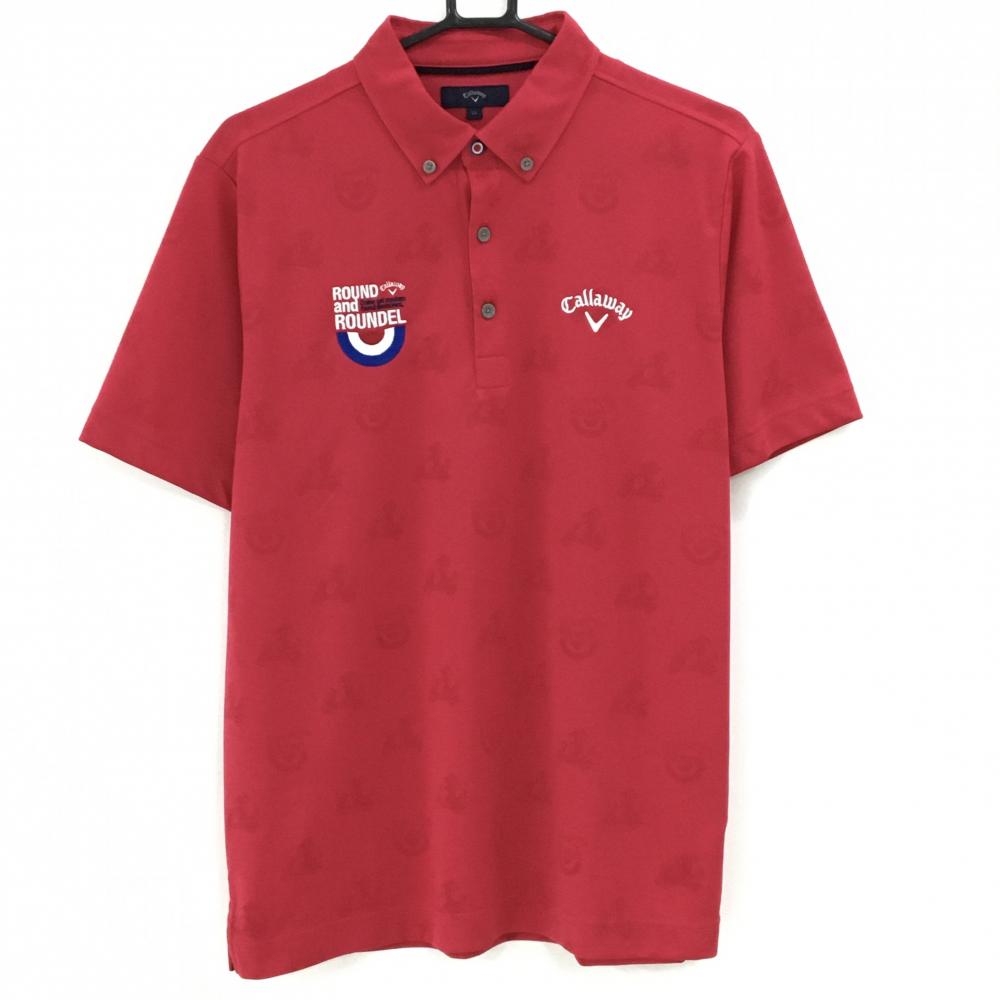 【美品】キャロウェイ 半袖ポロシャツ レッド 地模様 ロゴ白 ボタンダウン  メンズ LL ゴルフウェア Callaway