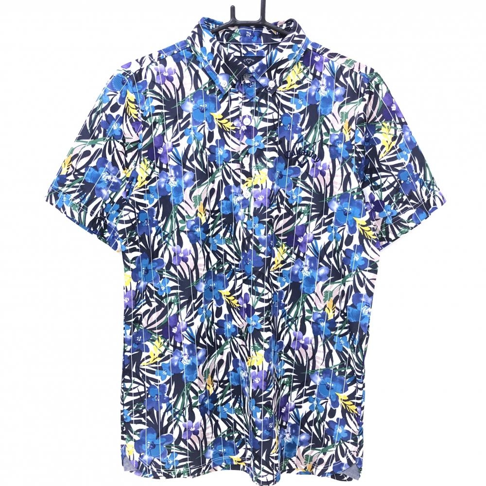 【超美品】キャロウェイ 半袖ポロシャツ 白×ブルー 花柄 ストライプ ボタンダウン  メンズ L ゴルフウェア Callaway