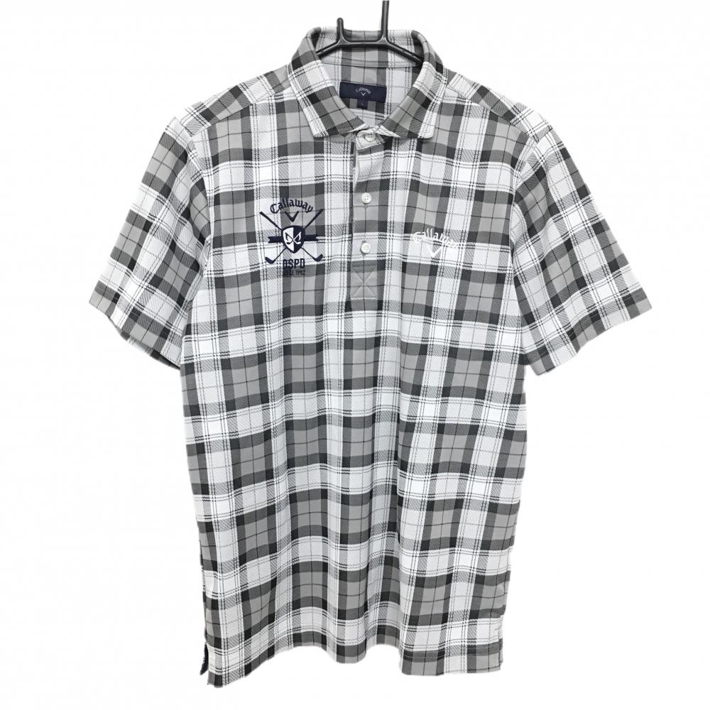 【超美品】キャロウェイ 半袖ポロシャツ ライトグレー×グレー チェック ロゴ刺しゅう  メンズ L ゴルフウェア Callaway