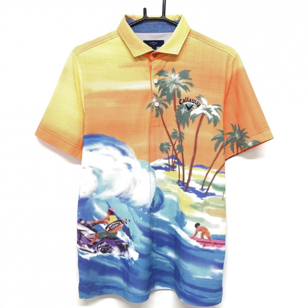 【超美品】キャロウェイ 半袖ポロシャツ マルチカラー サーファー・ヤシの木柄 ロゴ刺しゅう メンズ L ゴルフウェア Callaway