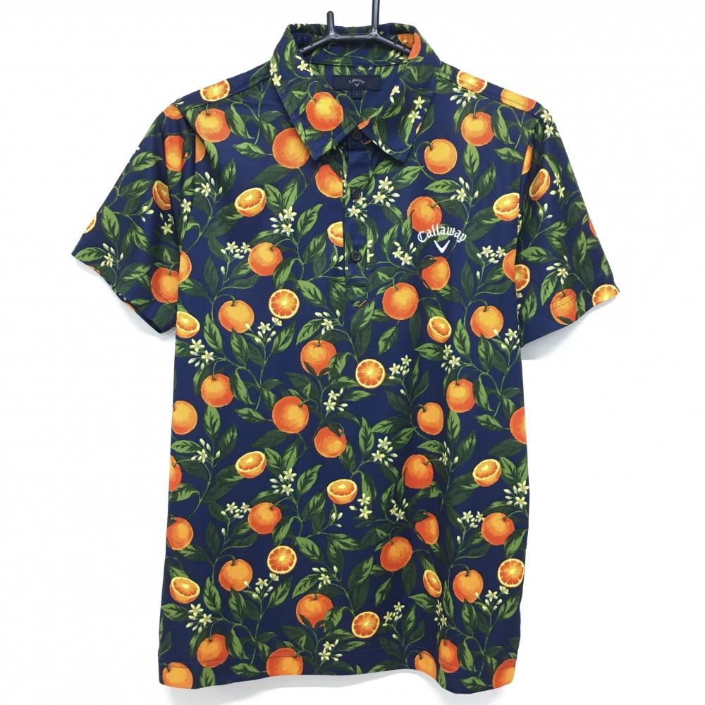 【超美品】キャロウェイ 半袖ポロシャツ ネイビー×オレンジ オレンジ総柄  ロゴ刺しゅう メンズ L ゴルフウェア Callaway