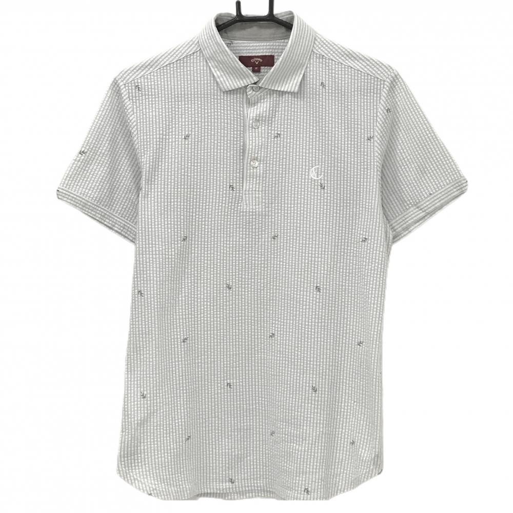 【美品】キャロウェイ レッドレーベル 半袖ポロシャツ 白×グレー ストライプ サッカー生地 メンズ M ゴルフウェア 2023年モデル Callaway