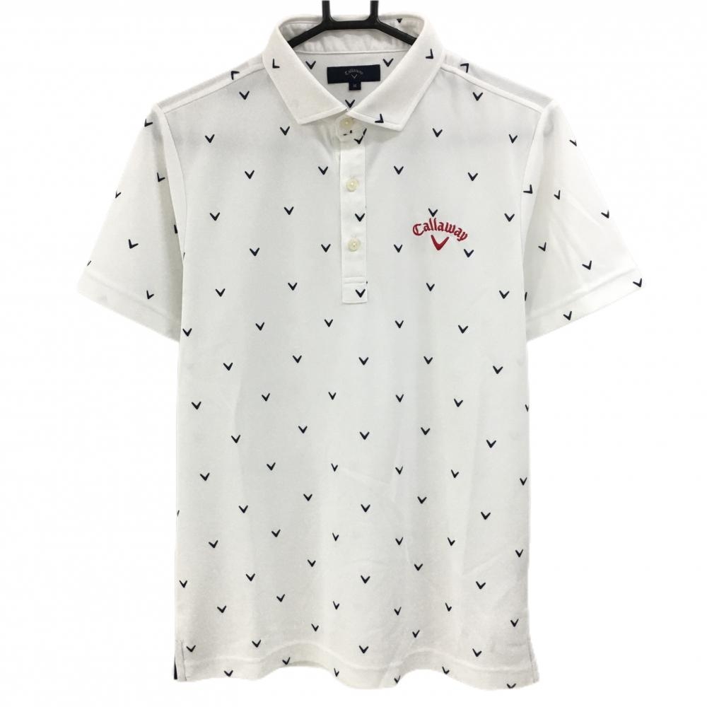 【美品】キャロウェイ 半袖ポロシャツ 白×ネイビー ロゴ総柄 刺しゅうレッド  メンズ M ゴルフウェア Callaway