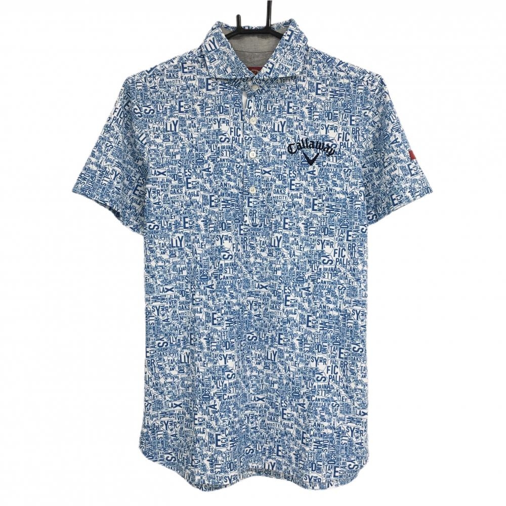 【美品】キャロウェイ レッドレーベル 半袖ポロシャツ 白×ブルー 英字総柄 メンズ M ゴルフウェア Callaway