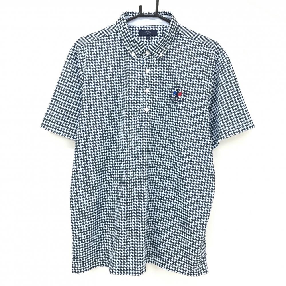 【超美品】キャロウェイ 半袖ポロシャツ 白×ネイビー 千鳥格子 ボタンダウン  メンズ 3L ゴルフウェア 大きいサイズ Callaway