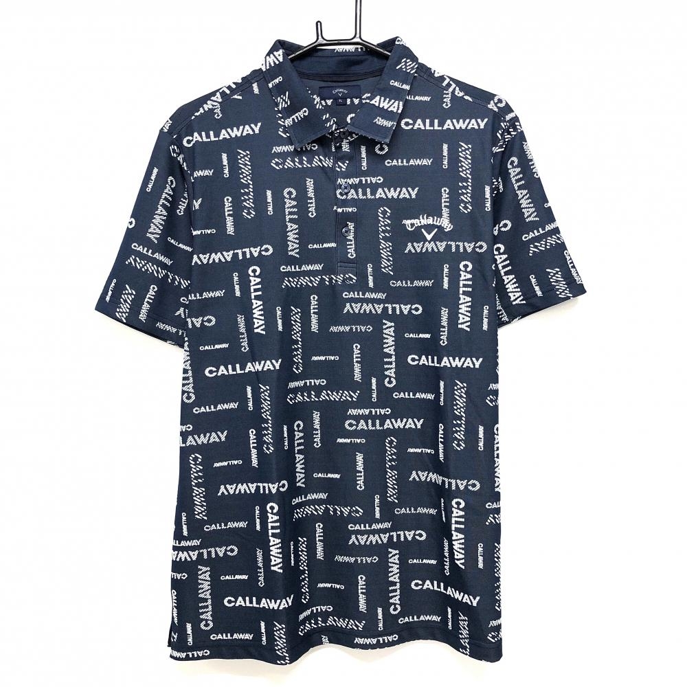 【超美品】キャロウェイ 半袖ポロシャツ ネイビー×白 ロゴ総柄 ジャガード メンズ 3L ゴルフウェア 2023年モデル 大きいサイズ Callaway