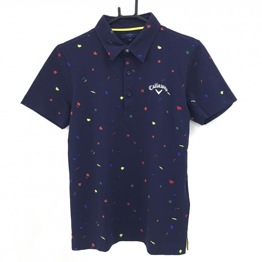キャロウェイ 半袖ポロシャツ ネイビー×マルチカラー ペイント 総柄 ロゴ刺しゅう メンズ M ゴルフウェア Callaway