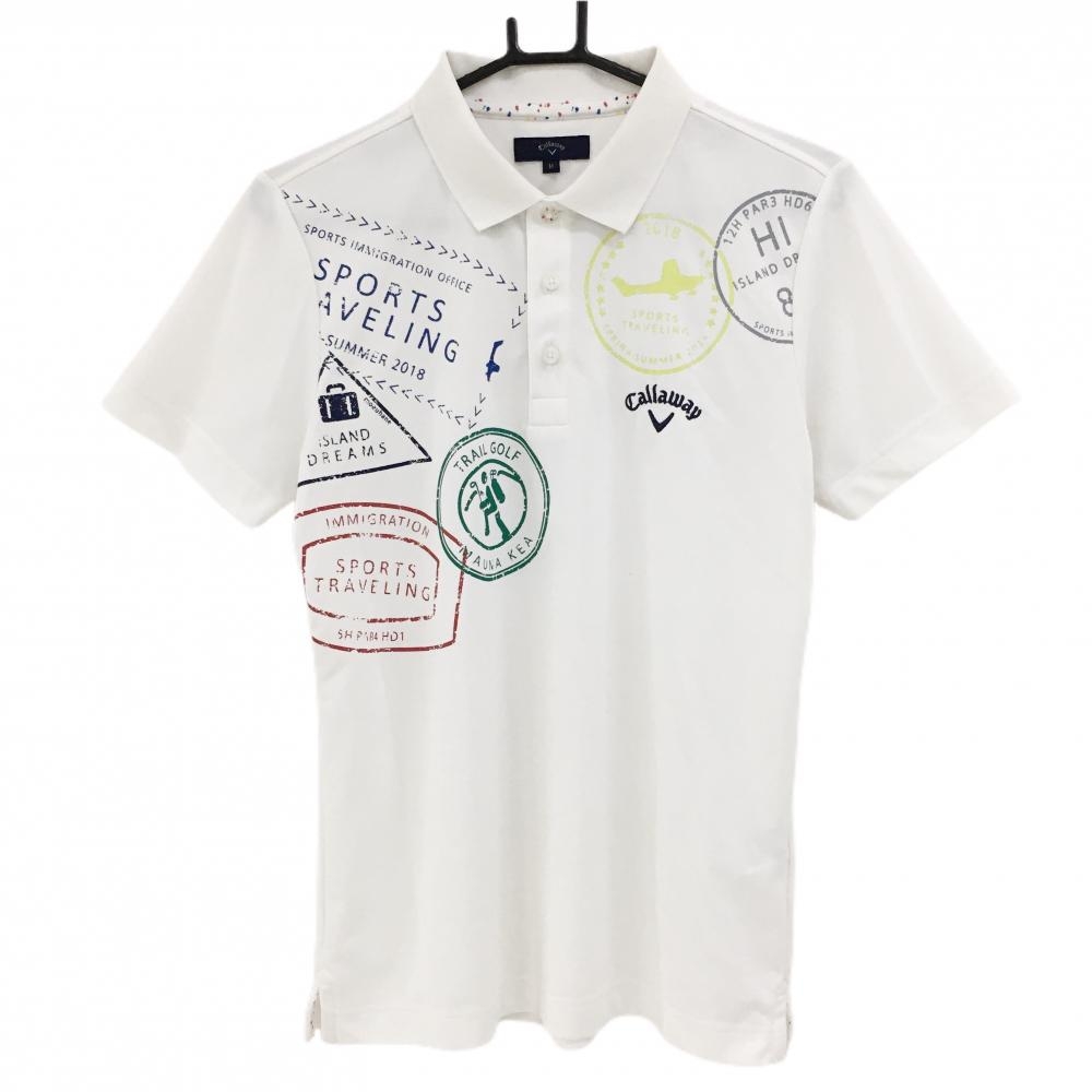 キャロウェイ 半袖ポロシャツ 白×マルチカラー フロントプリント  メンズ M ゴルフウェア Callaway
