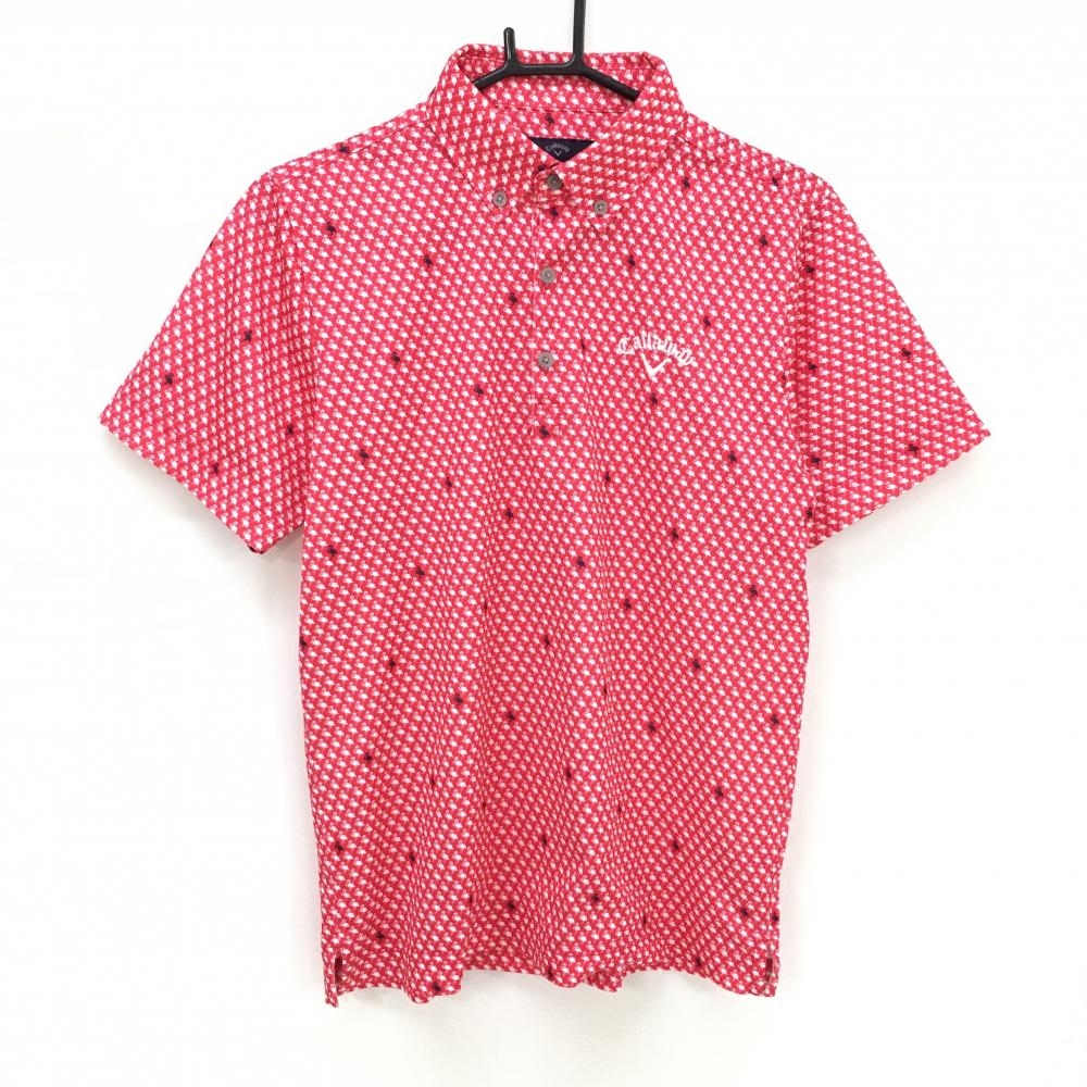 【超美品】キャロウェイ 半袖ポロシャツ レッド×白 フラミンゴ総柄 ボタンダウン ロゴ刺しゅう メンズ M ゴルフウェア Callaway