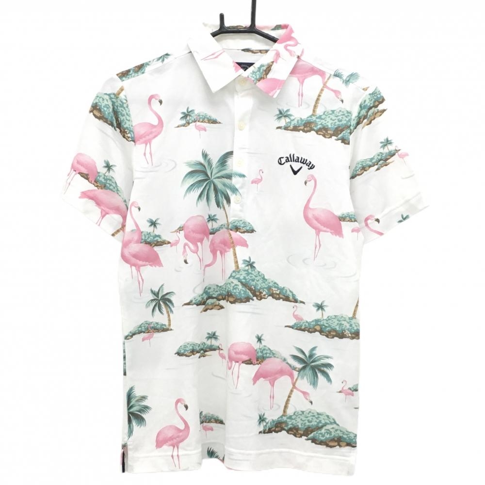 キャロウェイ 半袖ポロシャツ 白×ピンク フラミンゴ総柄 ロゴ刺しゅう メンズ M ゴルフウェア Callaway