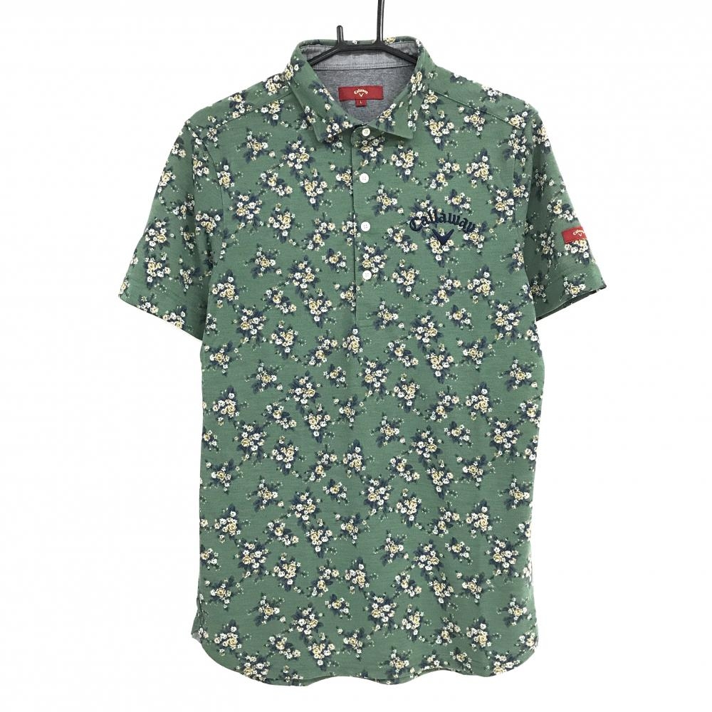 【超美品】キャロウェイ レッドレーベル 半袖ポロシャツ ダークグリーン×ネイビー 小花柄 メンズ L ゴルフウェア Callaway