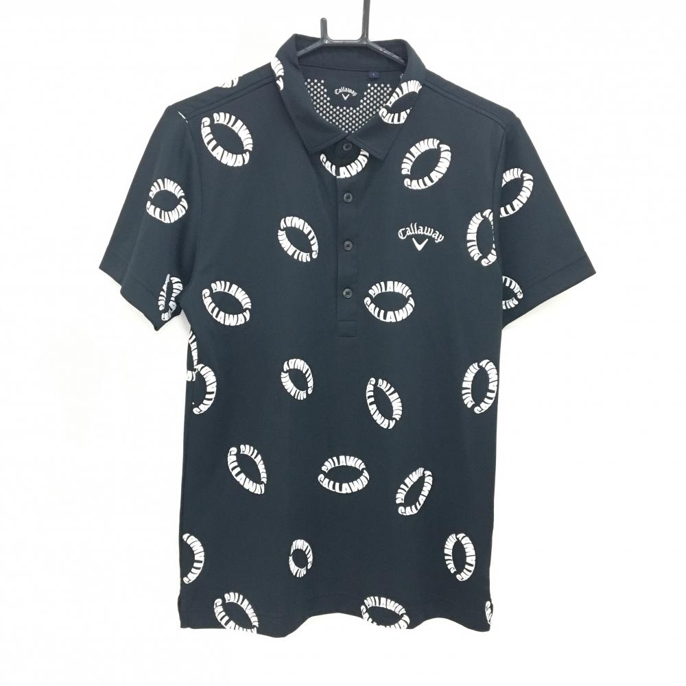 【美品】キャロウェイ 半袖ポロシャツ 黒×白 ロゴ総柄 ロゴ刺しゅう メンズ L ゴルフウェア Callaway