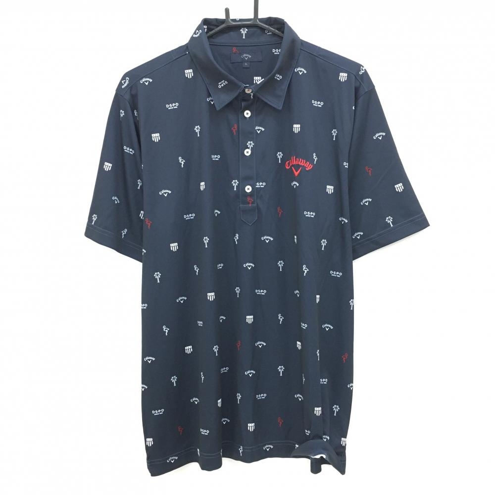 【超美品】キャロウェイ 半袖ポロシャツ ネイビー×白 ロゴ総柄 ヤシの木  メンズ 3L ゴルフウェア 大きいサイズ Callaway