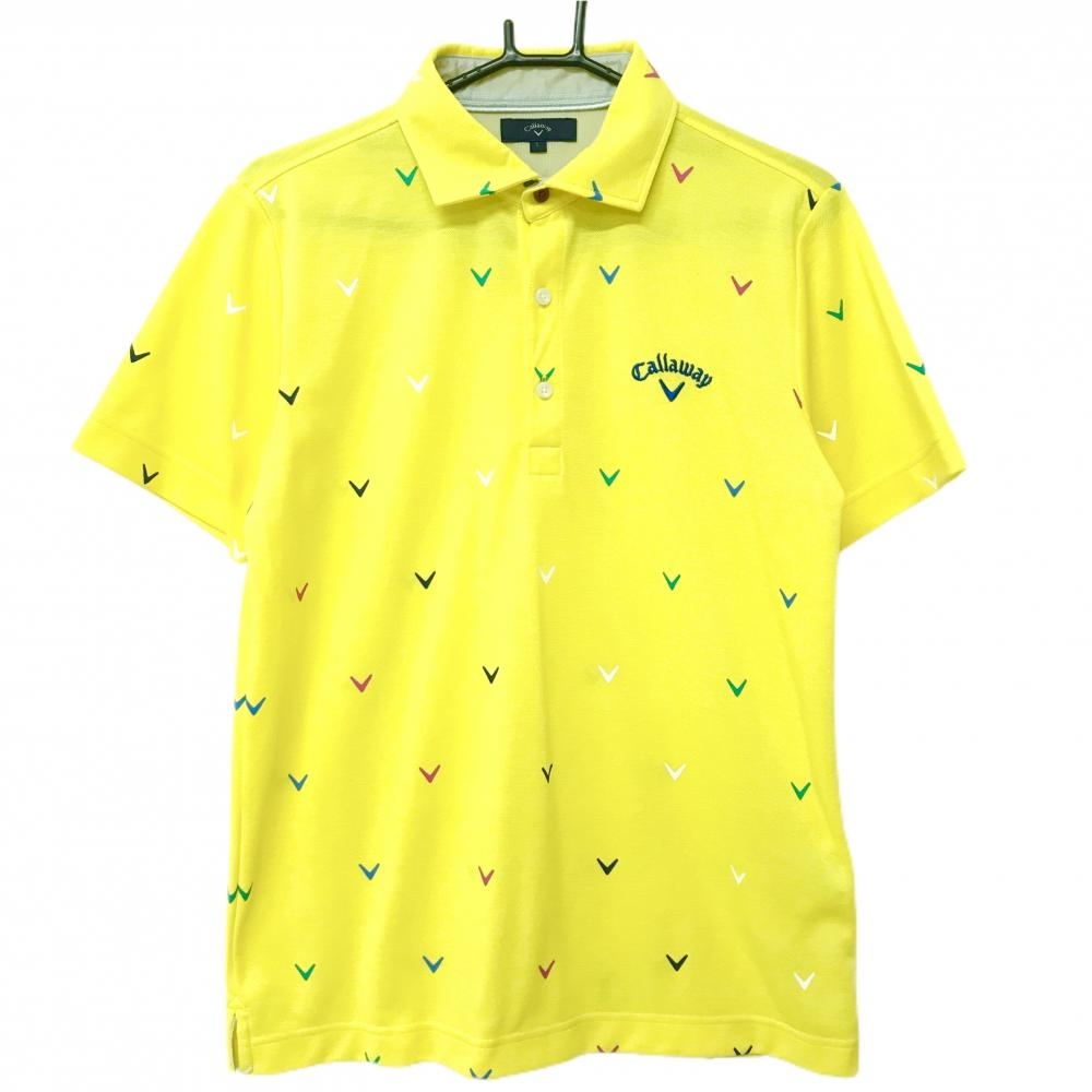 【超美品】キャロウェイ 半袖ポロシャツ イエロー×マルチカラー ロゴ総柄 メンズ L ゴルフウェア Callaway