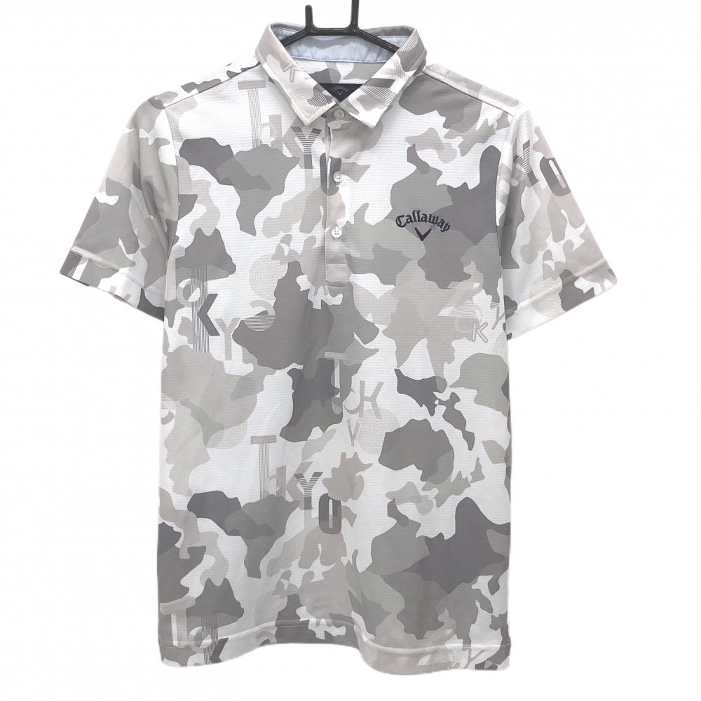 【超美品】キャロウェイ 半袖ポロシャツ 白×グレー 総柄 カモフラ風 メンズ M ゴルフウェア Callaway