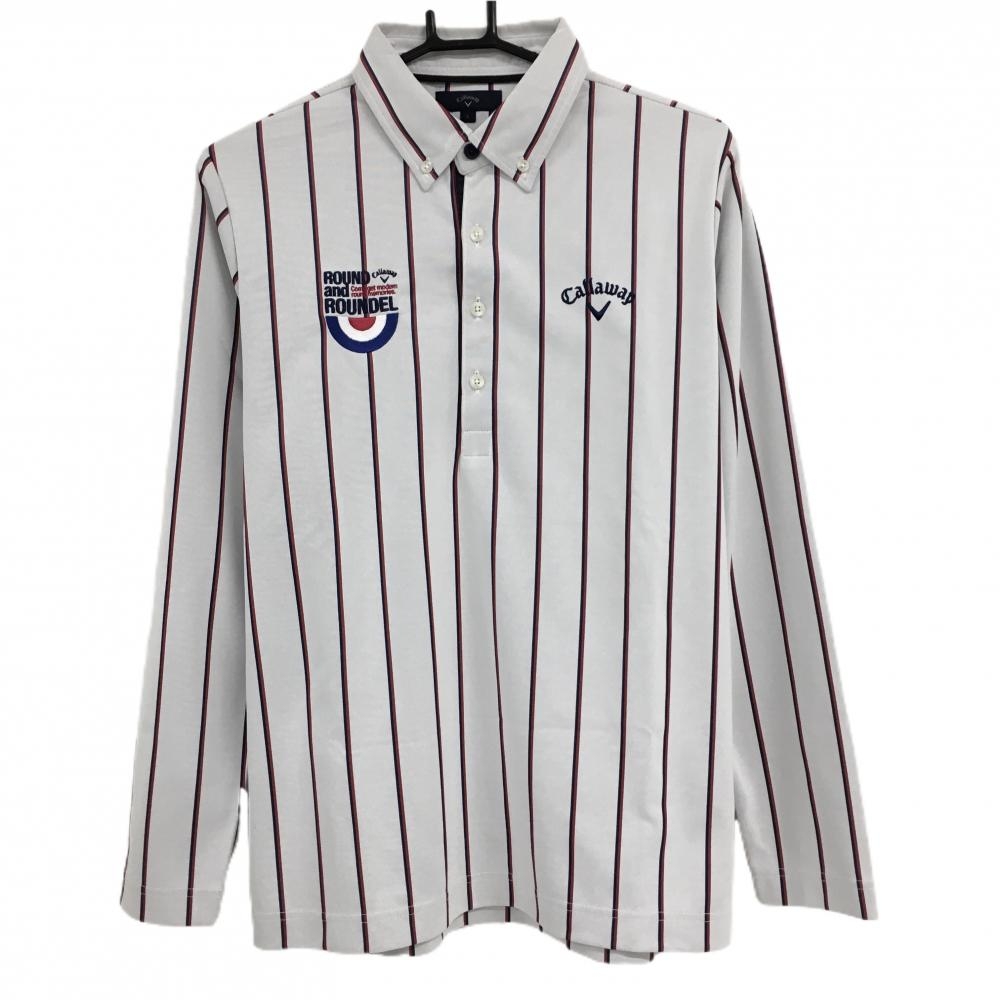 【美品】キャロウェイ 長袖ポロシャツ 白×ネイビー×レッド ストライプ ボタンダウン  メンズ L ゴルフウェア Callaway