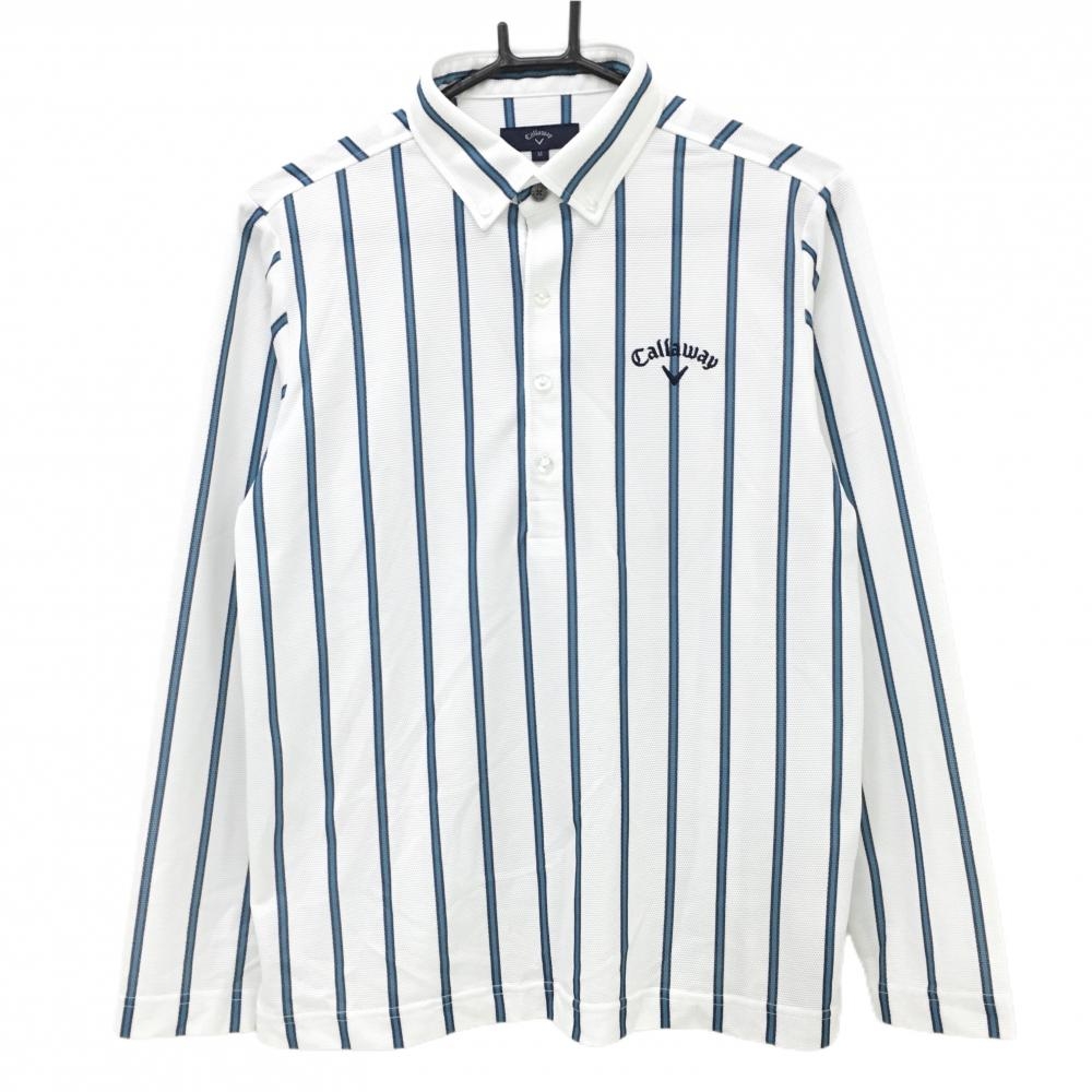 【超美品】キャロウェイ 長袖ポロシャツ 白×グリーン ストライプ ボタンダウン メンズ M ゴルフウェア Callaway
