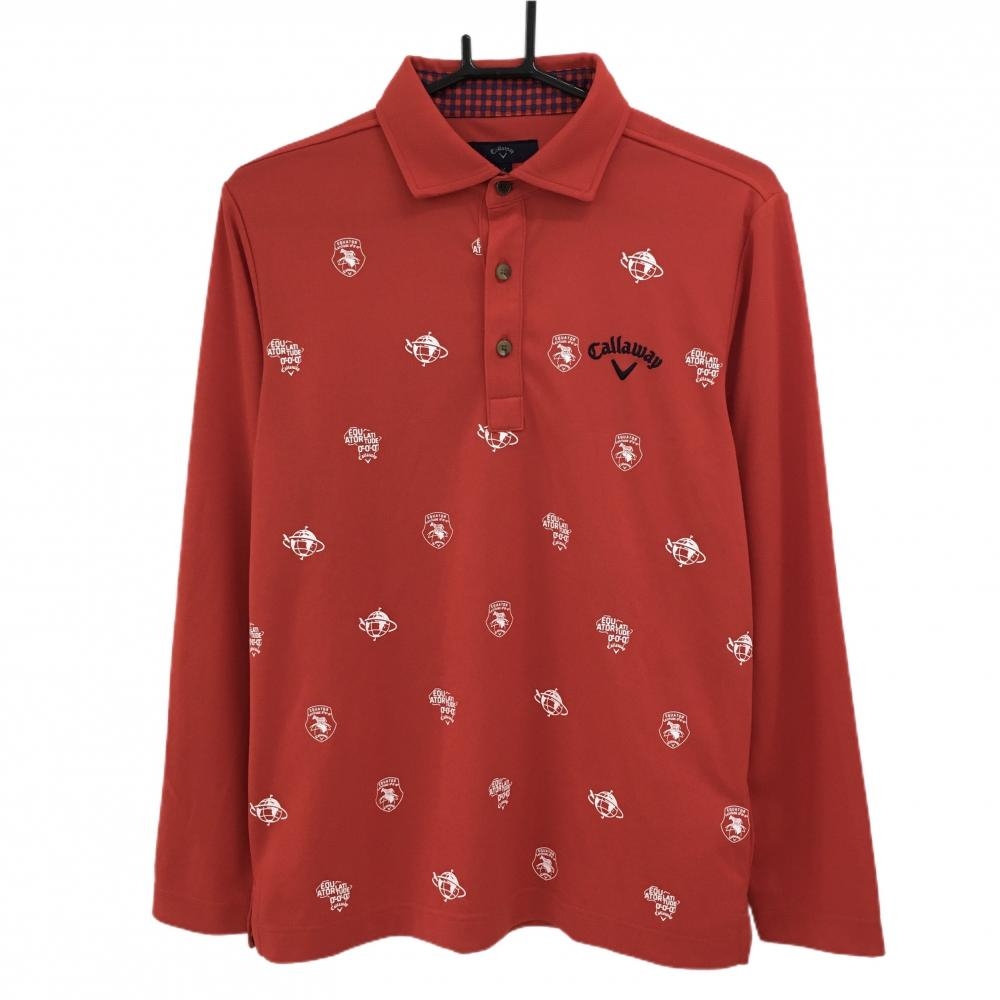 【超美品】キャロウェイ 長袖ポロシャツ レッド フロントプリント ロゴ刺しゅう メンズ M ゴルフウェア Callaway