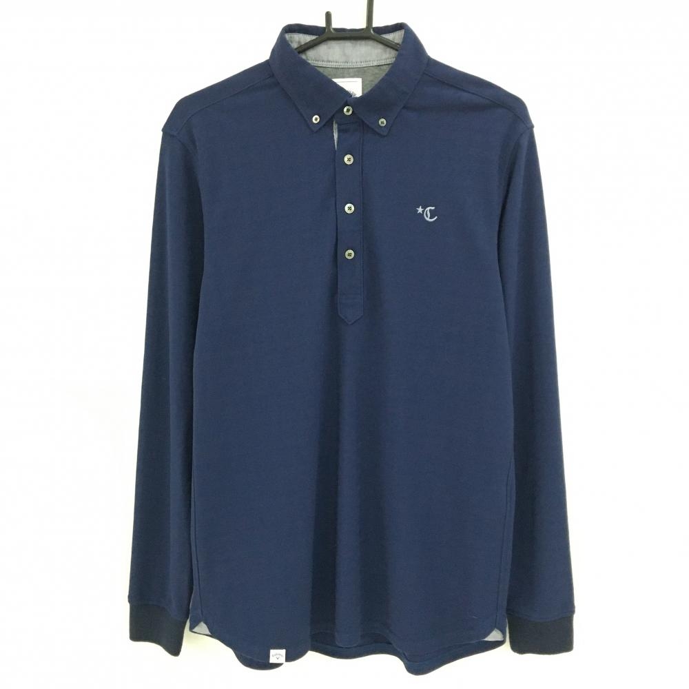 キャロウェイ 長袖ポロシャツ ネイビー 千鳥柄地模様 胸元刺しゅう メンズ L ゴルフウェア Callaway