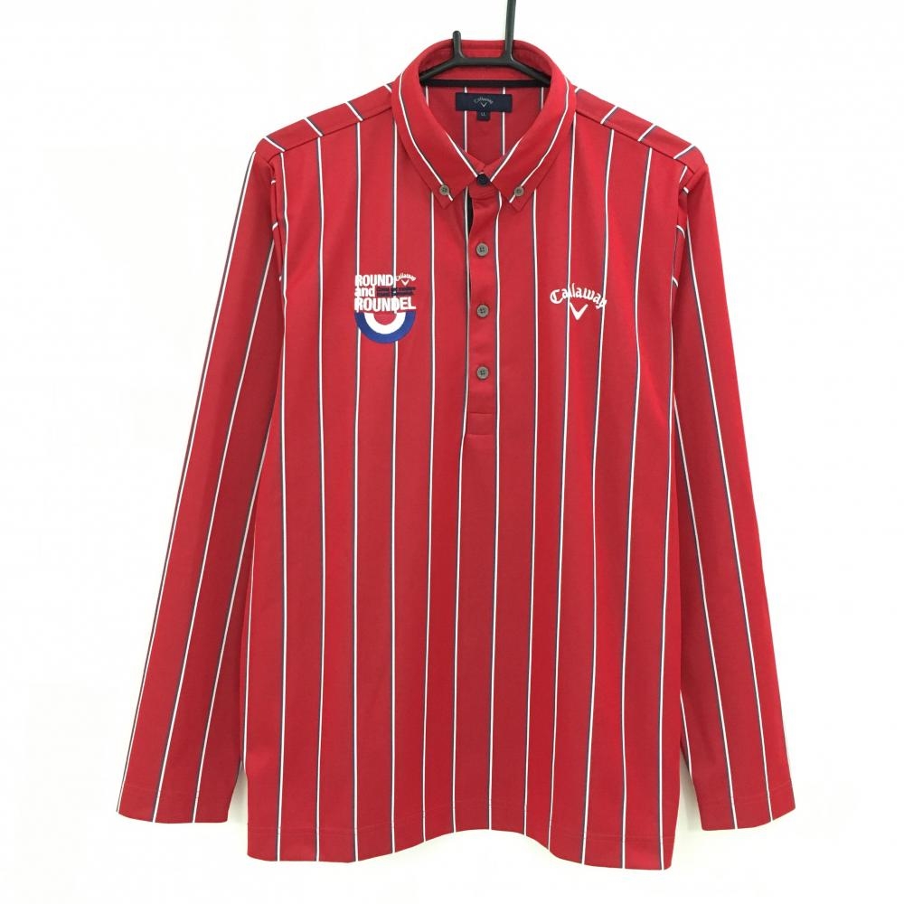 【美品】キャロウェイ 長袖ポロシャツ レッド×白 ストライプ ボタンダウン  メンズ LL ゴルフウェア Callaway