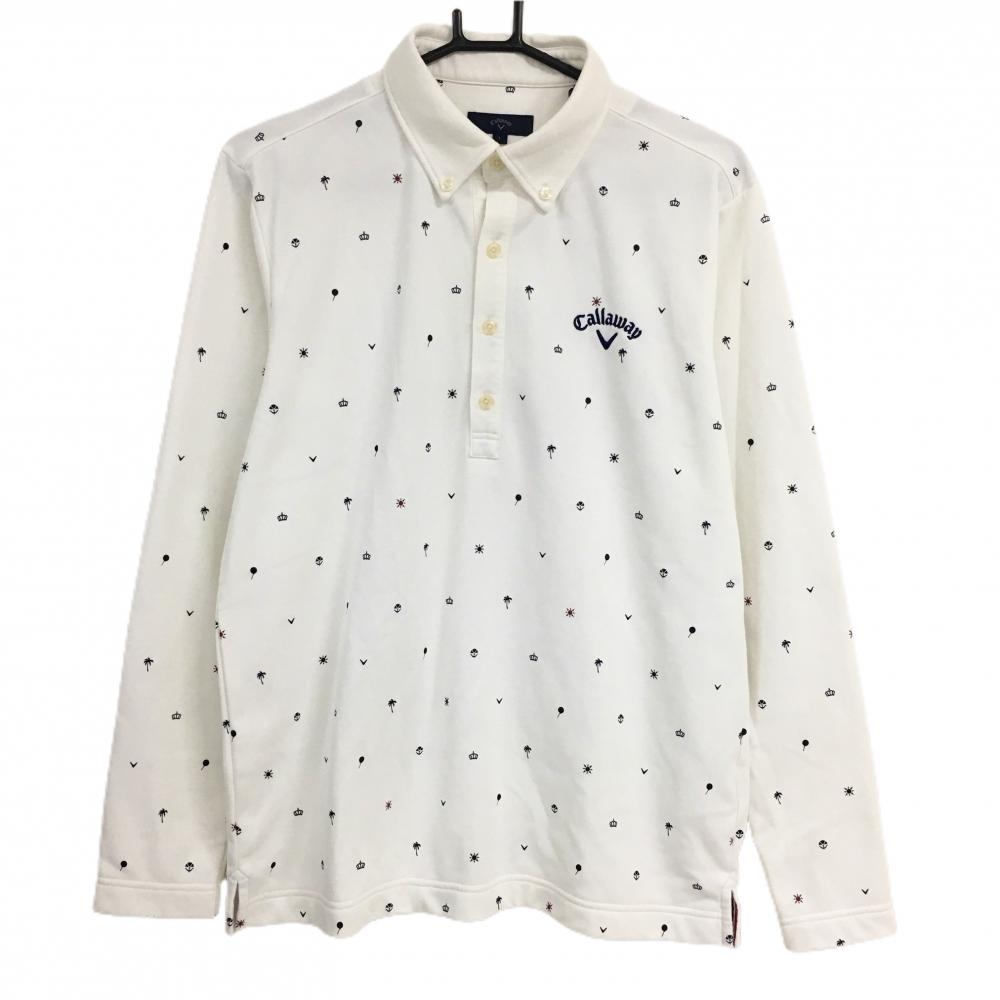 キャロウェイ 長袖ポロシャツ 白×ネイビー 総柄 裏微起毛 メンズ L ゴルフウェア Callaway