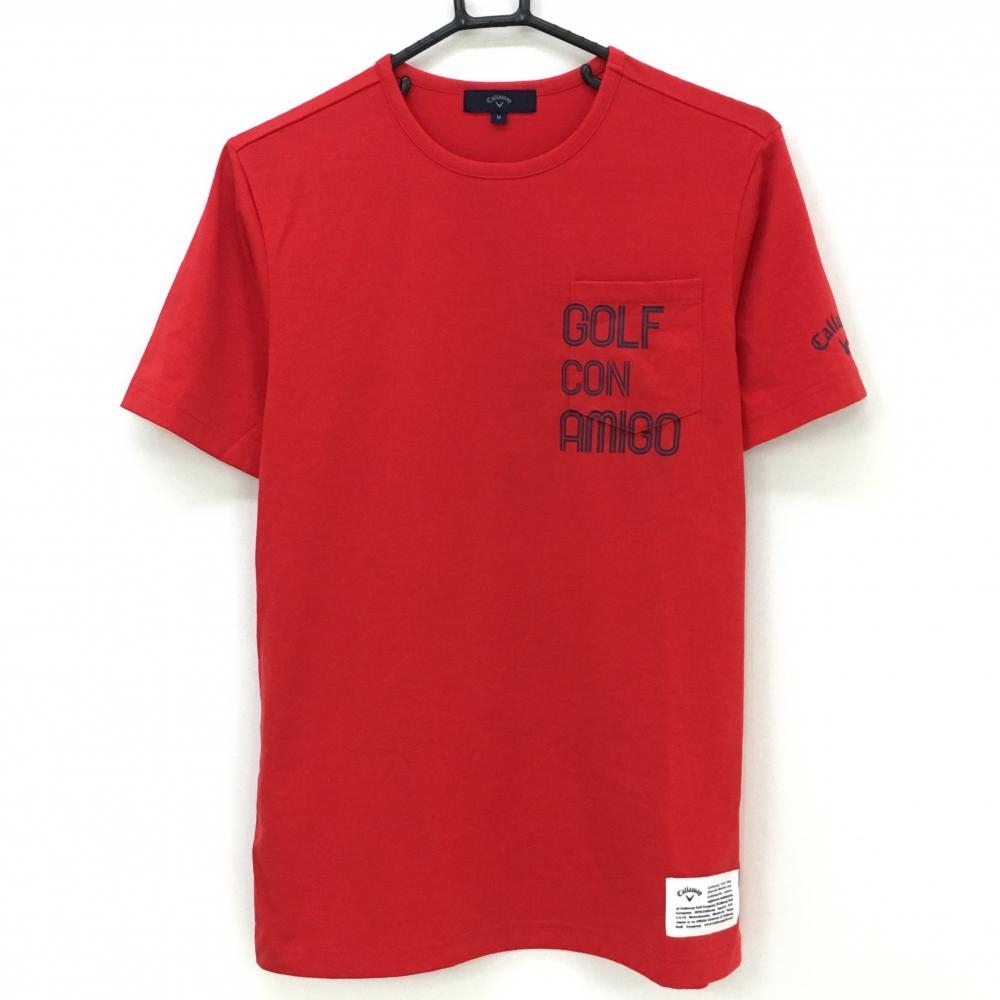 【美品】キャロウェイ 半袖Tシャツ レッド×ネイビー 胸ポケット  メンズ M ゴルフウェア Callaway
