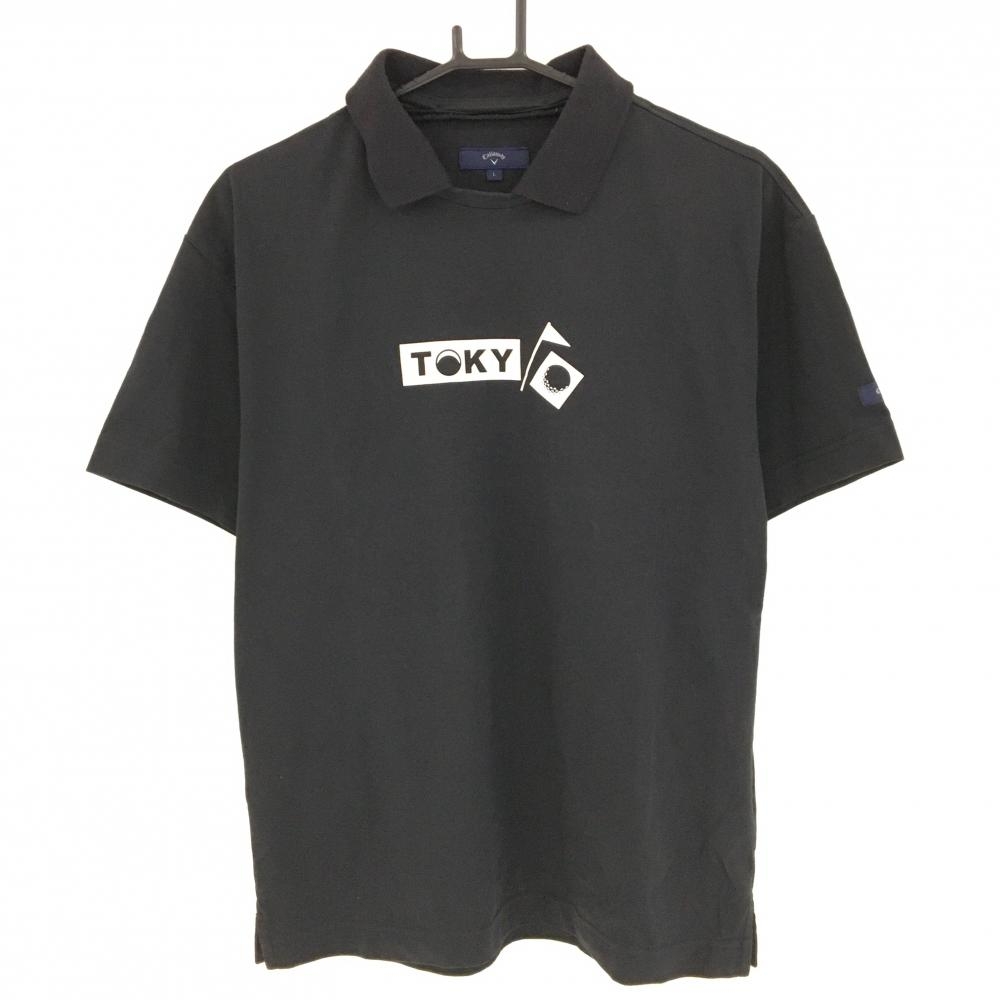 【美品】キャロウェイ 2WAY襟付き半袖シャツ 黒×白 襟着脱可 プリント  メンズ L ゴルフウェア Callaway