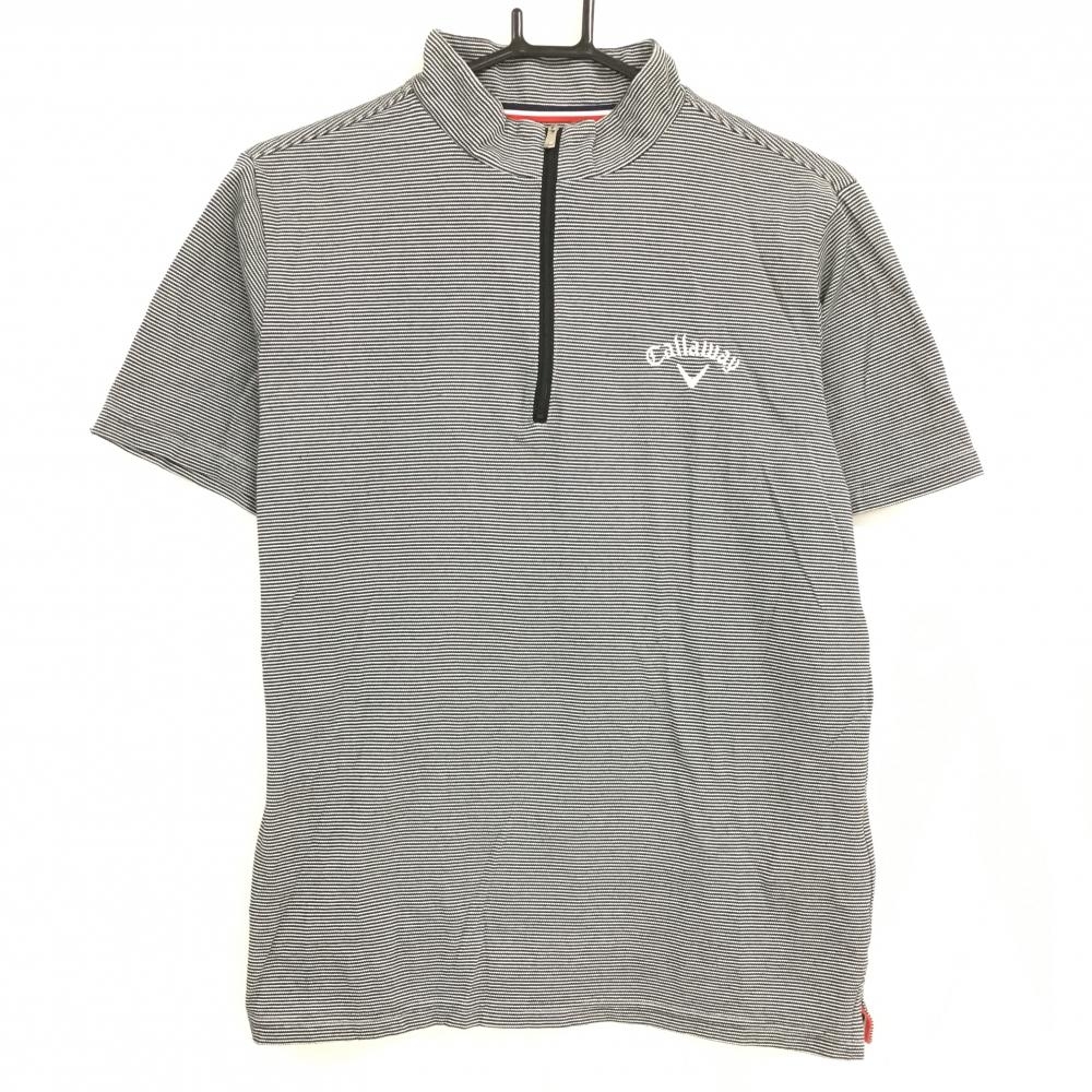 【美品】キャロウェイ 半袖ハイネックシャツ 黒×白 細ボーダー調 ハーフジップ DRYSPORT メンズ L ゴルフウェア Callaway